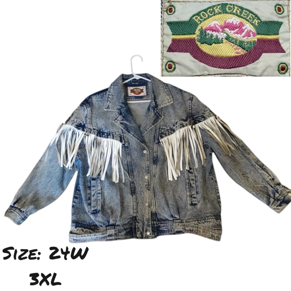 Vintage Acid Wash Denim Jacket Rock Creek Western Style With Tassels Size 24W 3X